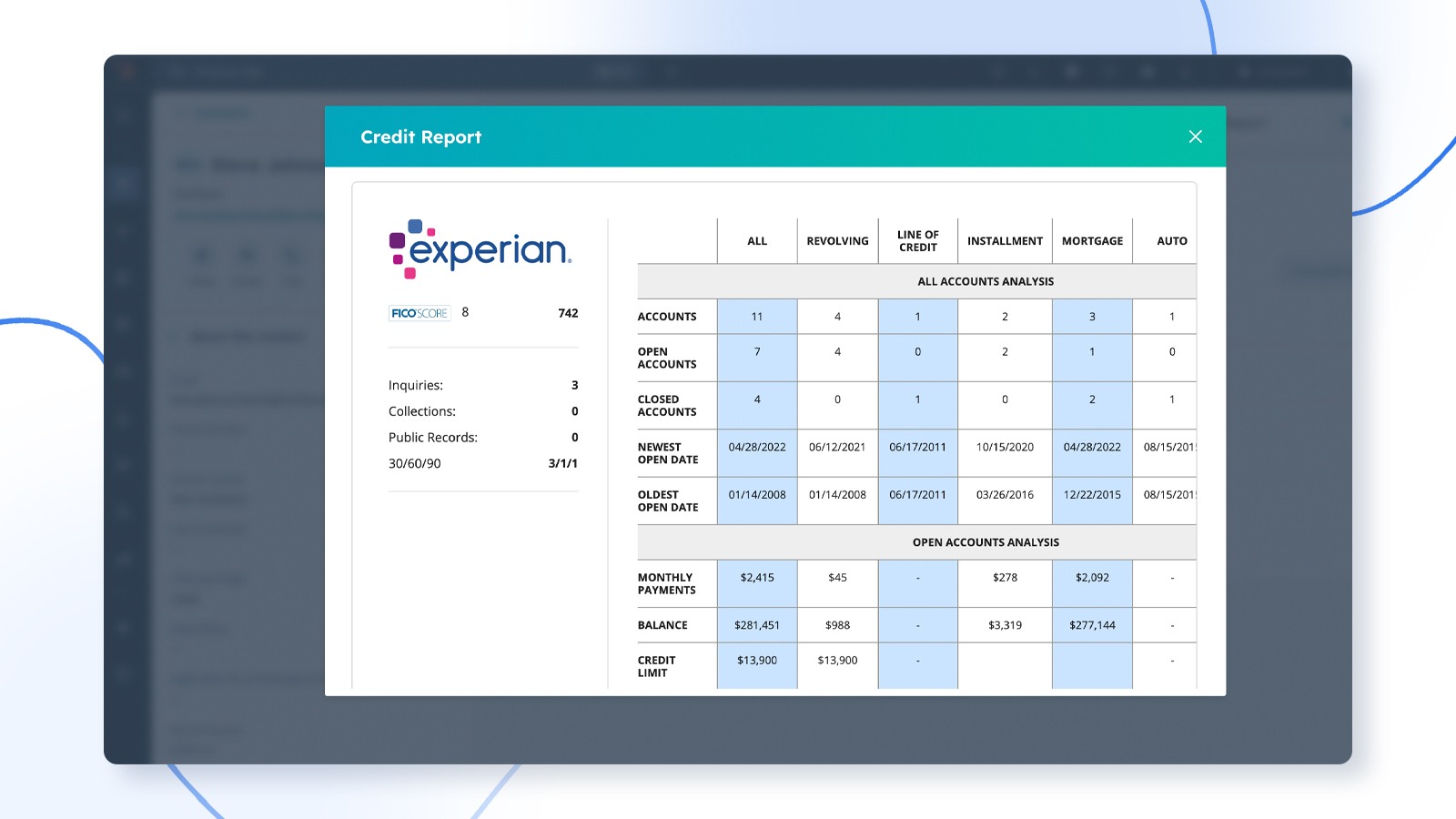 Credit report summary displayed inside a HubSpot contact record, showing credit score and key report insights.
