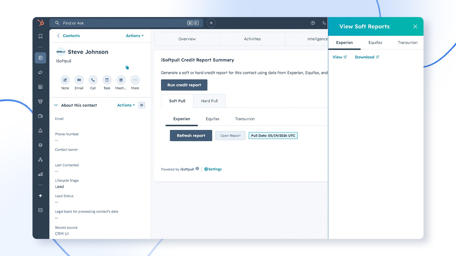 iSoftpull slide-out in HubSpot with links to view and download full consumer credit reports.
