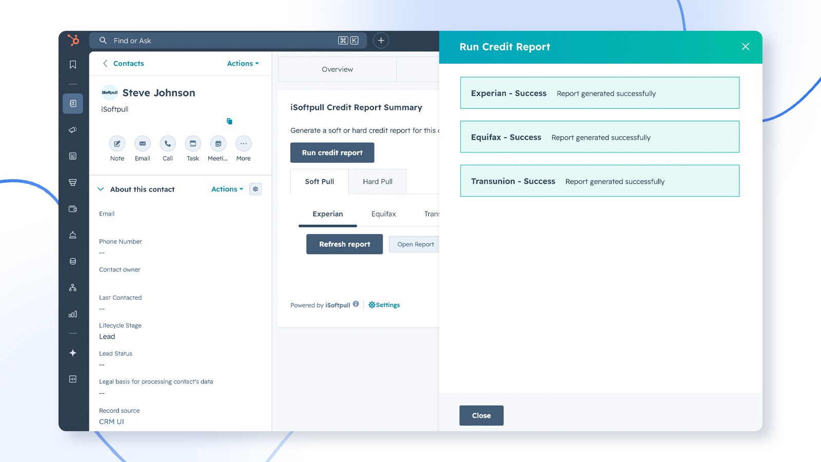 Successful credit report pull message in HubSpot, indicating credit activity saved to the contact record.