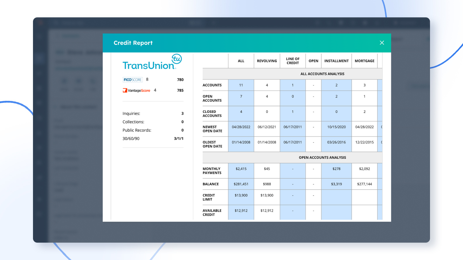 iSoftpull credit score and reason codes displayed inside HubSpot contact record, showing FICO® Score and key report details.