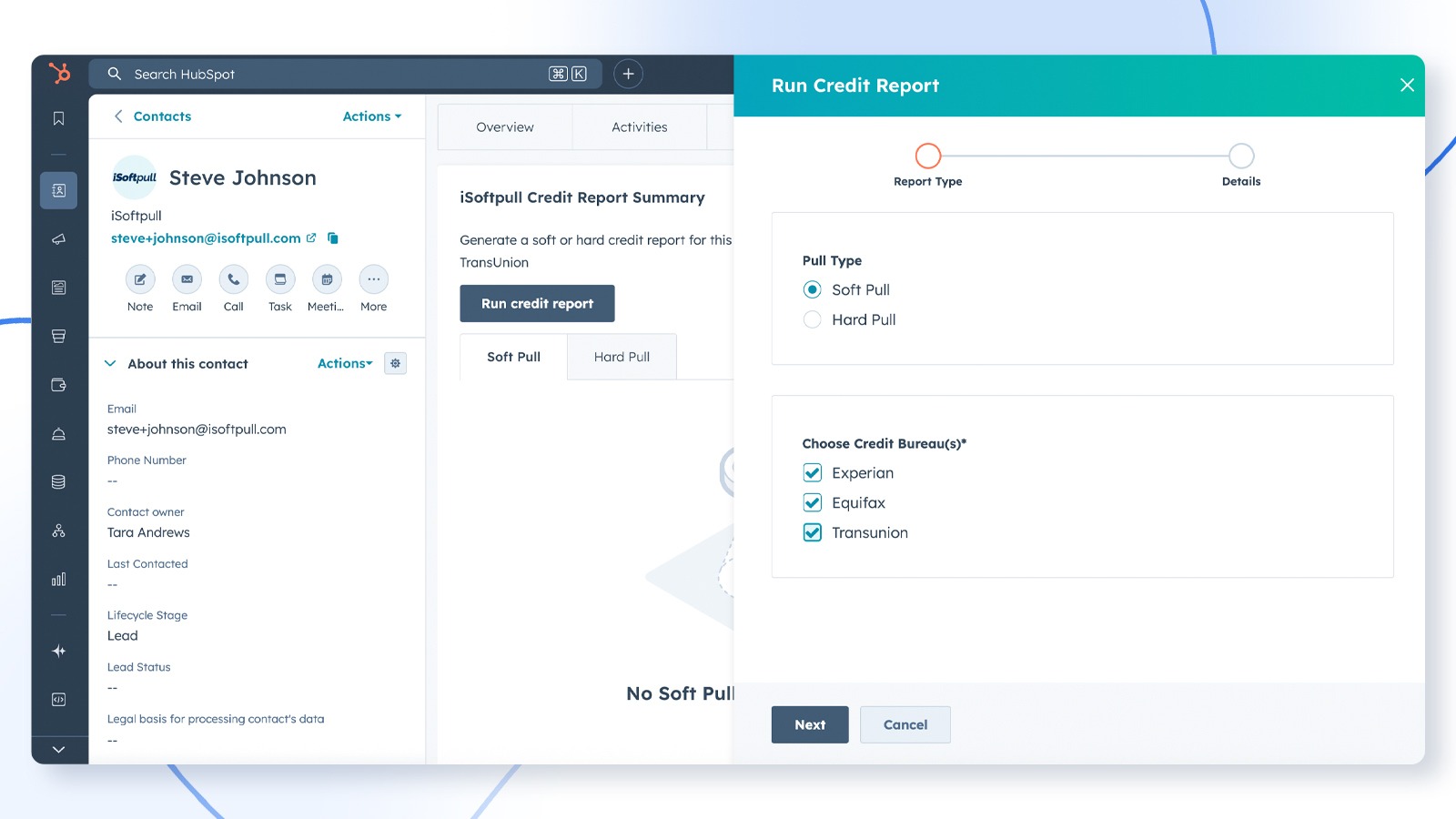 HubSpot contact record showing the Run Credit Report button and slide-out options to select credit bureau and pull type.